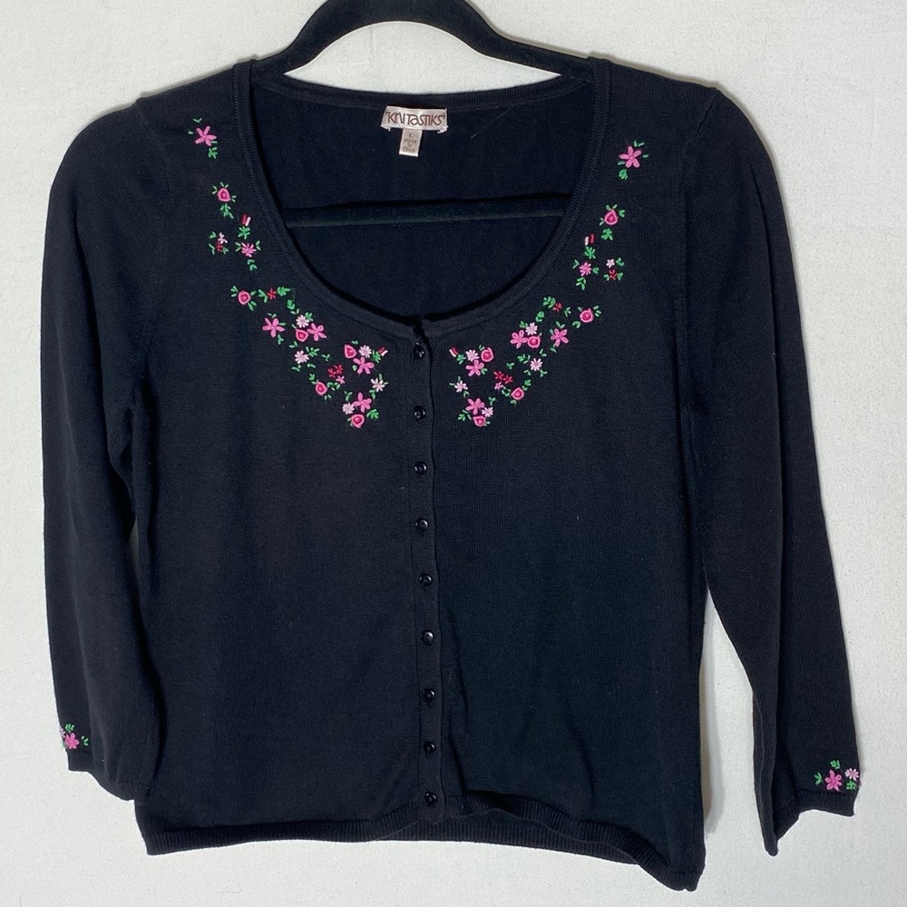 Vintage 90s Knitastiks Black Button Up Cardigan with Pink Floral Embroidery L